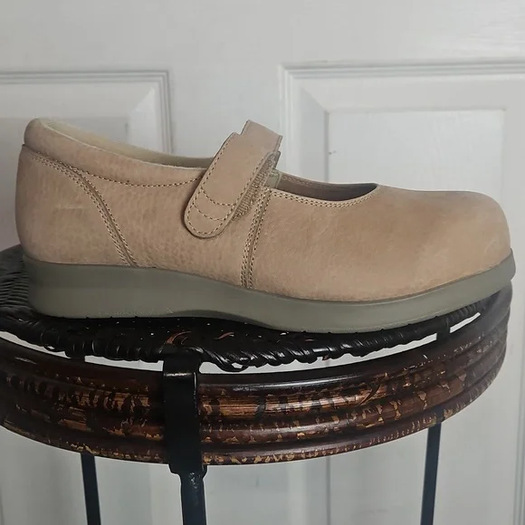 DREW Women's Tan Mary Jane Flats with Hook-and-Loop Strap