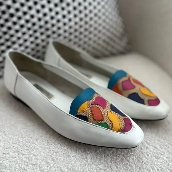 Vintage 80s 90s Arpeggios Leather Loafers Flats Shoes Rainbow Color White 9