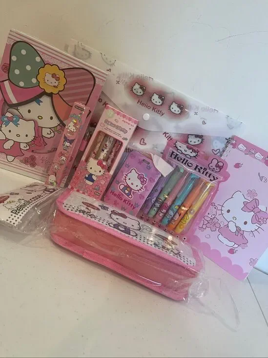 Hello Kitty 8 piece back to school bundle lot pens, notebook, diary, lanyard, pe