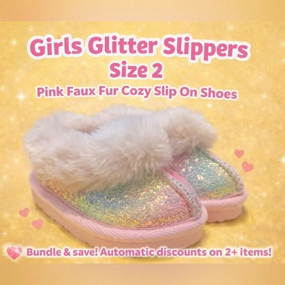 Girls Glitter Slippers Size 2 Pink Faux Fur Cozy Slip On Shoes
