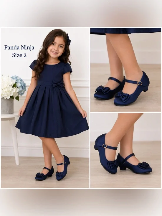 Panda Ninja Girls Navy Blue Satin Bow Mary Jane Dress Shoes Low Heel Size 2