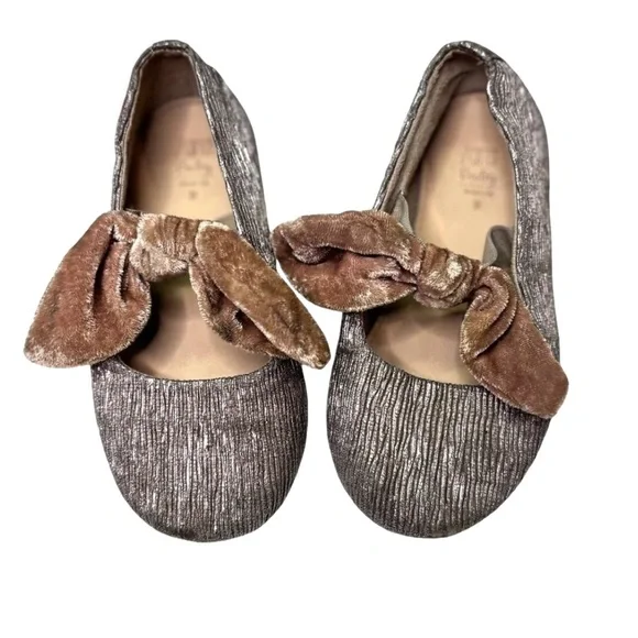 Zara Kids Metallic Ballet Flats Velvet Bow Dress Shoes EU 23 Bronze Gold Girls