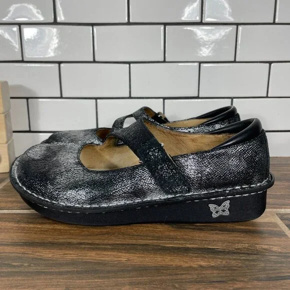 Alegria JIL-752 Shoes Womens Size EU 37 Onyx Crackle Leather Comfort Mary Janes