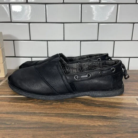 Skechers BOBS Chill Luxe Buttoned Up Shoes Womens Size 6.5 Black Comfort Flats