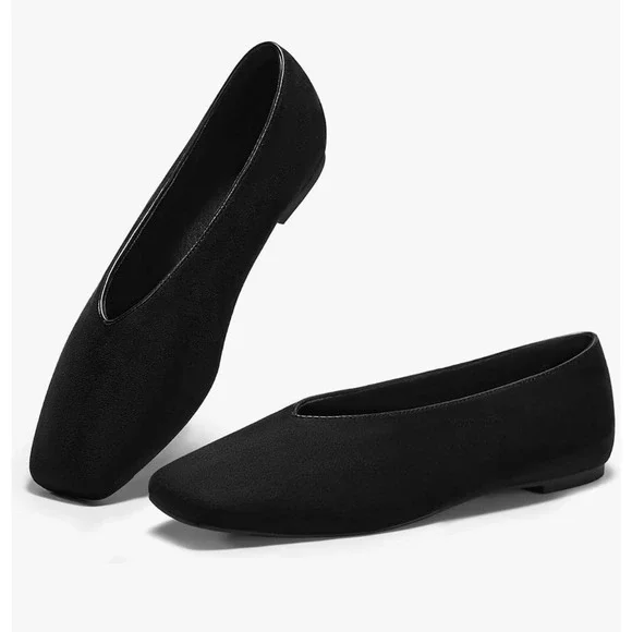 Coutgo Womens Ballet Flats Black Square Toe Faux Suede Slip On Shoes Size 10
