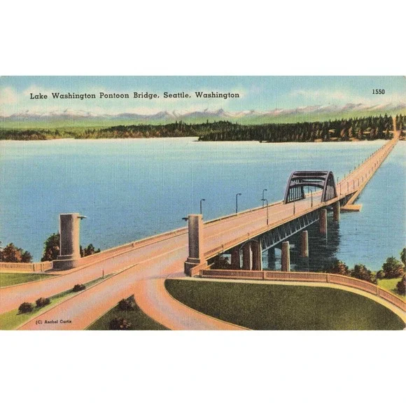 Vtg Lake Washington Pontoon Bridge Seattle WA Linen Postcard 1550