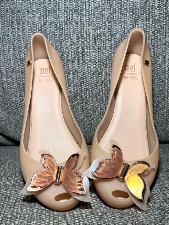 Mini Melissa Mel Dreamed rose Gold Butterfly Jelly Flats ballet Girls size 2