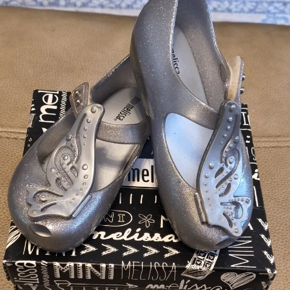 Mini Melissa Glittery Silver Butterfly Mary Janes GUC Sz 10.