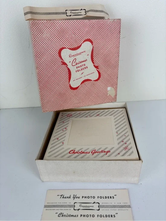 VTG-Renaissance Christmas Photo Cards - Red & Gray MCM Reindeer-Box of 25