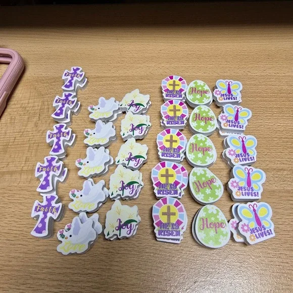 Religious Easter Eraser Set Faith Hope Joy Jesus Lives He Is Risen Bulk 30pc