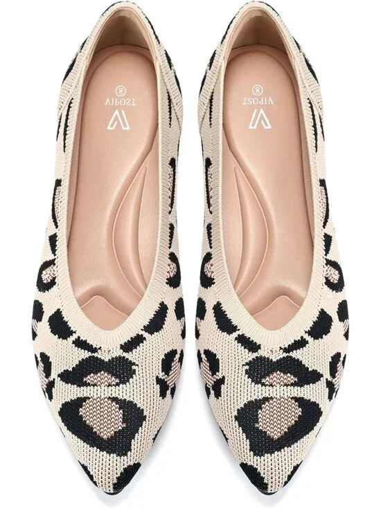 Women's Leopard  Pointed Toe Comfort Foldable Slip On Knit Ballet Flat Shoes