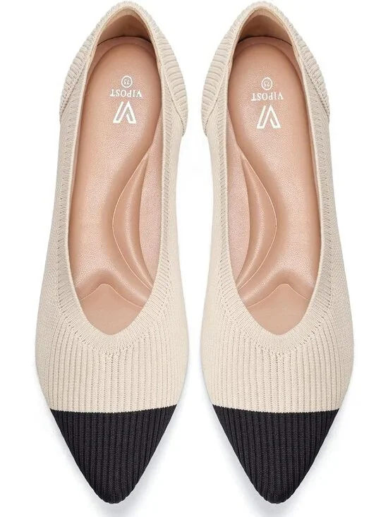Women's Beige Black Pointed Toe Comfort Foldable Slip On Knit Ballet Flat Shoes
