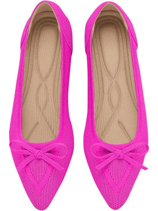 Women's Pink Knit Ballet Flats Pointed Toe Bow Comfortable Dressy Shoes