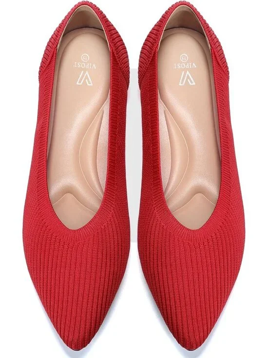 Women's Red Pointed Toe Comfort Foldable Slip On Dressy Knit Ballet Flat Shoes