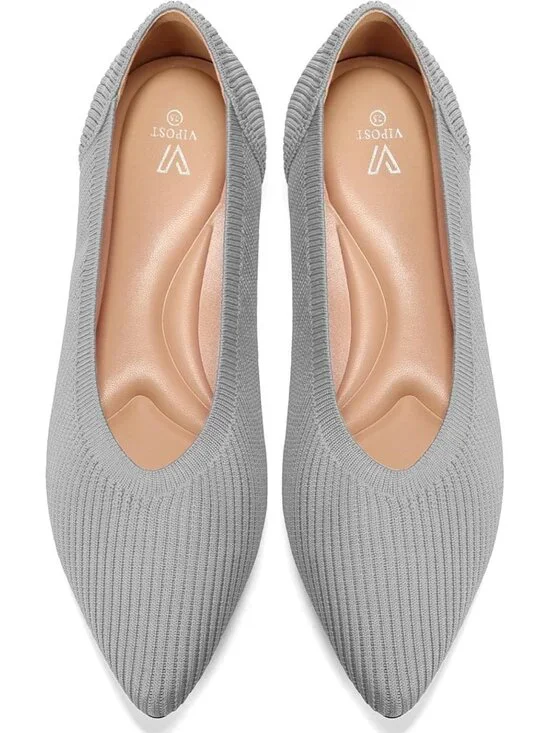 Women's Grey Pointed Toe Comfort Foldable Slip On Dressy Knit Ballet Flat Shoes