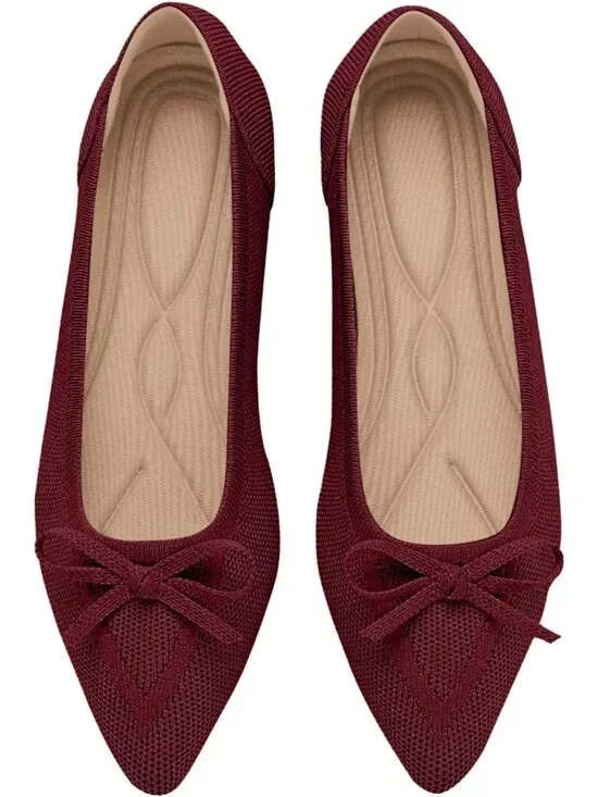 Women's Red Knit Ballet Flats Pointed Toe Bow Comfortable Dressy Shoes