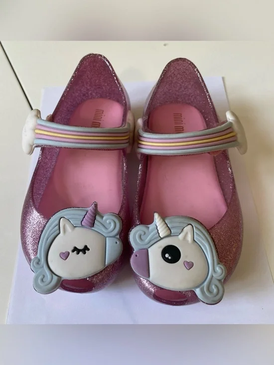 Mini Melissa Pink Glitter jelly shoes Unicorn Mary Janes with Pastel Strap