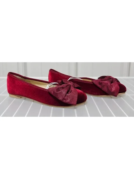 Cat & Jack Perla Dark Red Velvet Ballet Flats w/ Large Bow Accent - Big Girls' 1