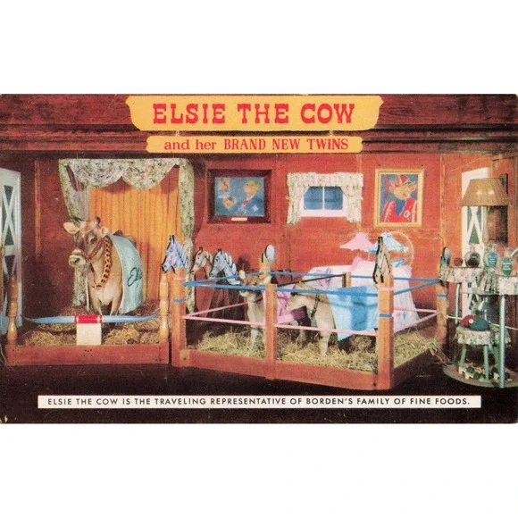 Vtg 1957 Elsie the Cow Borden's Advertising Postcard Twins Traveling Exhibit