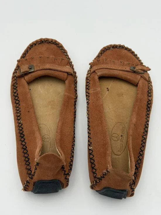 PEACE MOCS Moccasin Flats Womens Brown Suede‎ Fringe Buckle Boho Loafers SIZE 6