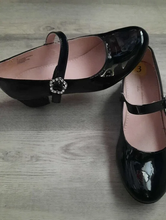 Black Patent Mary Jane Girls Heels with Gem Buckle