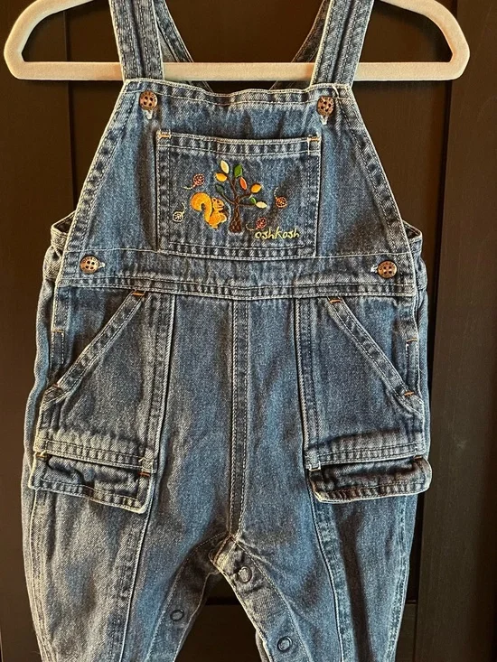 Early 2000’s OshKosh Denim Overalls 12–18 Months | Embroidered Squirrel