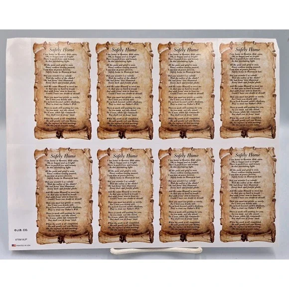 Safely Home Memorial Poem Sheets 8-Up Scroll Design 875M 8UP USA Made 15 ct.