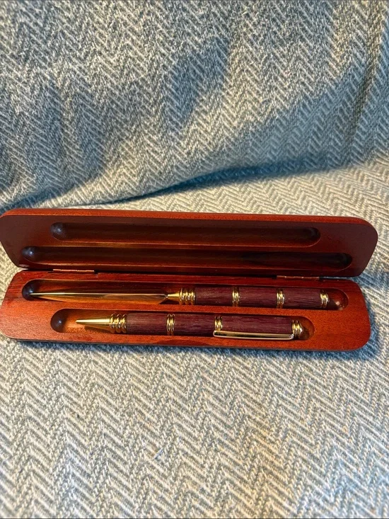 Wooden Ballpoint Pen and Letter Opener Set with Case - Mahogany Tone