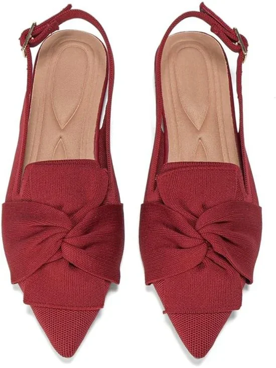 Women's Red Ankle Strap Comfortable Pointed Toe Slip-On Knit Ballet Flat Shoes