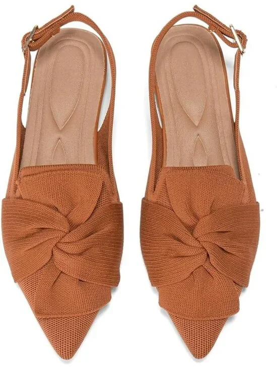 Women's Brown Ankle Strap Comfortable Pointed Toe Slip-On Knit Ballet Flat Shoes