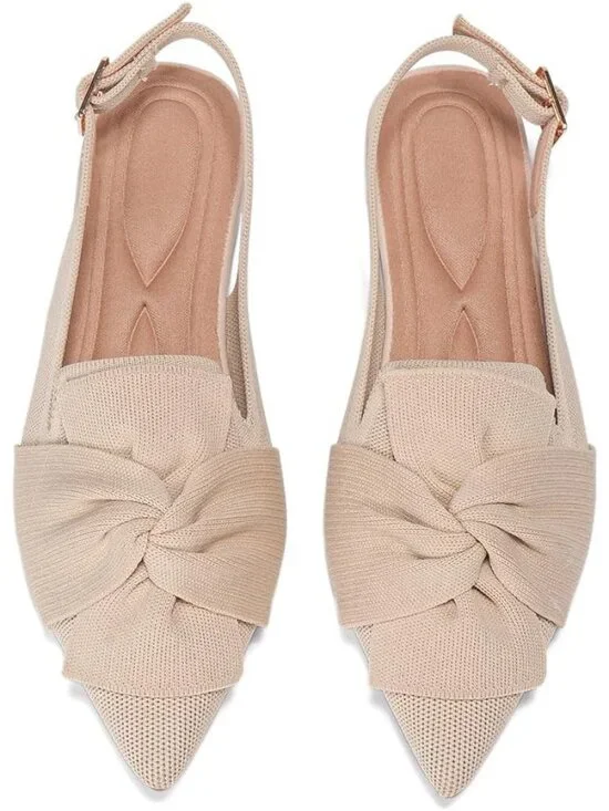 Women's Beige Ankle Strap Comfortable Pointed Toe Slip-On Knit Ballet Flat Shoes
