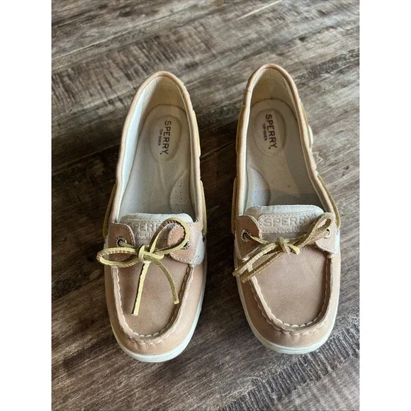 Sperry Top Sider Angelfish Tan and Gold Leather Boat Shoes STS81754 Size 8 EUC