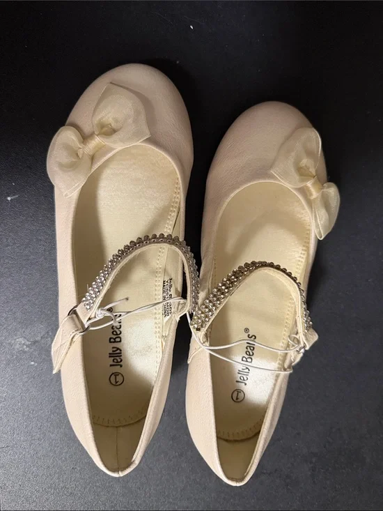 Jelly Beans Cream Bow Mary Jane Flats with Rhinestone Strap Accen