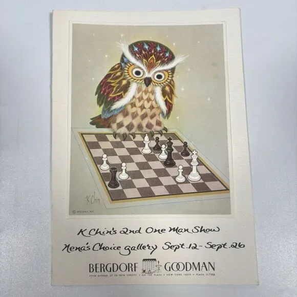 Vintage 1973 K Chin Art Gallery Exhibition Invitation Bergdorf Goodman Owl Chess