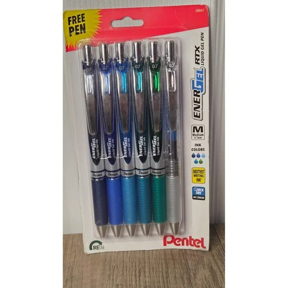Pentel EnerGel RTX Liquid Gel Pens 0.7mm Medium Tip Assorted Blue Green 6 Pack