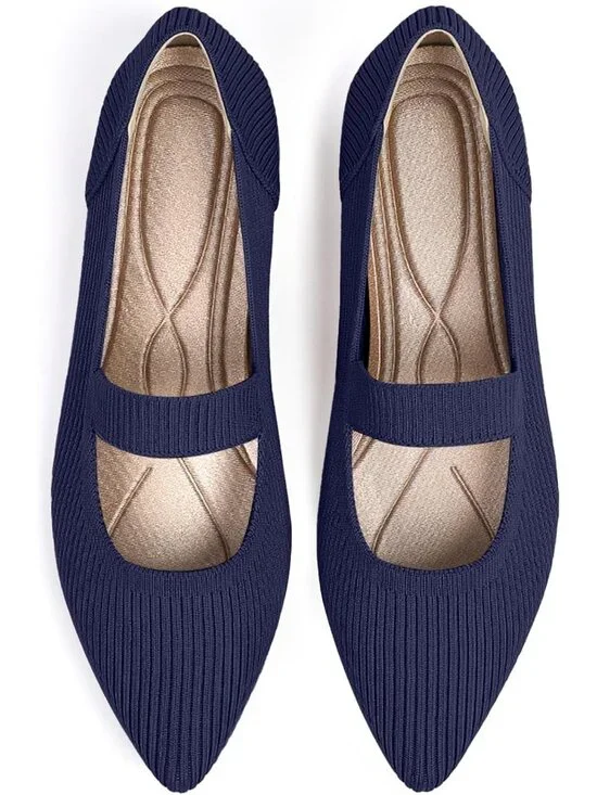 Women's Navy Knit Mary Jane Flats Pointed Toe Pull On Comfortable Flats Shoes