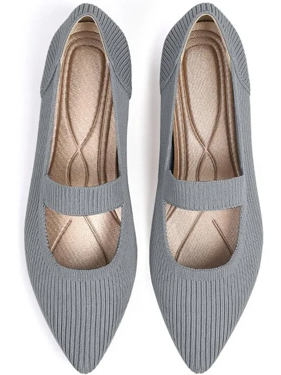 Women's Grey Knit Mary Jane Flats Pointed Toe Pull On Comfortable Flats Shoes