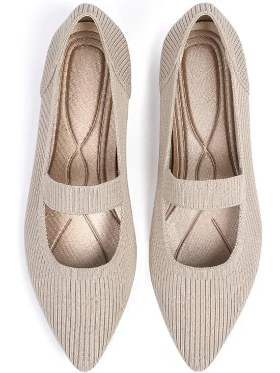 Women's Beige Knit Mary Jane Flats Pointed Toe Pull On Comfortable Flats Shoes