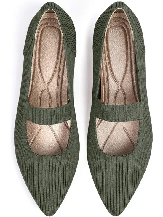 Women's Green Knit Mary Jane Flats Pointed Toe Pull On Comfortable Flats Shoes