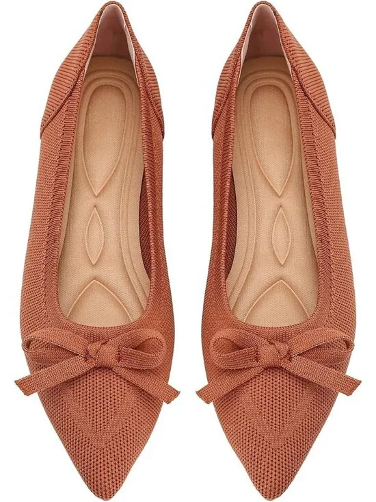 Womens Brown Comfortable Pointed Toe Knit Foldable Slip On Ballet Flat Shoes