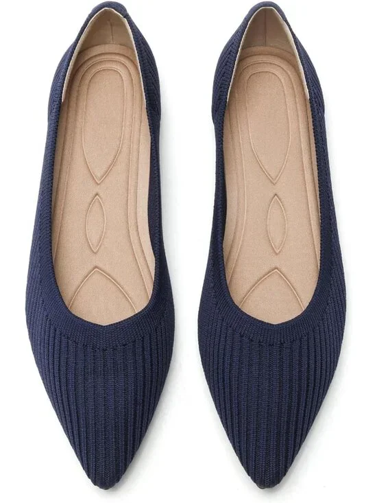 Womens All Blue Comfortable Pointed Toe Knit Foldable Slip On Ballet Flat Shoes