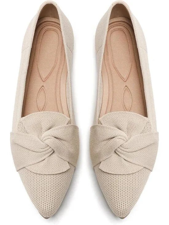 Women's Cream Comfortable Pointed Toe Knit Foldable Slip On Ballet Flat Shoes