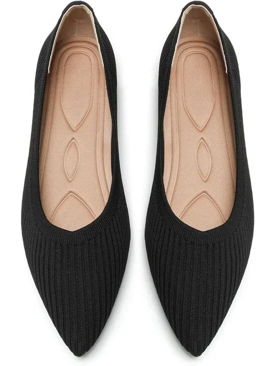 Women All Black Comfortable Pointed Toe Knit Foldable Slip On Ballet Flat Shoes