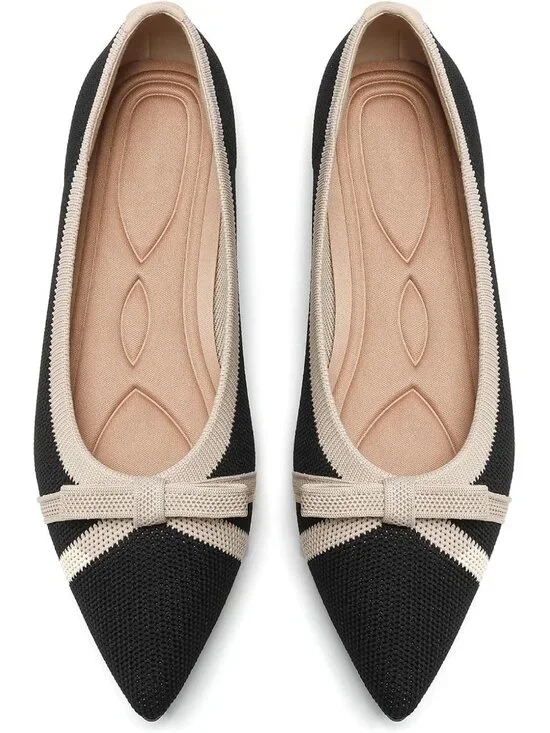Women's Black And Beige Comfortable Pointed Toe Knit Foldable Ballet Flat Shoes