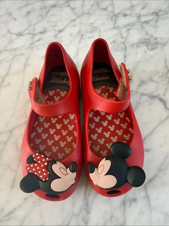 Mini Melissa Red Mickey Minnie Kissing Mary Jane Shoes for Kids Sz 9