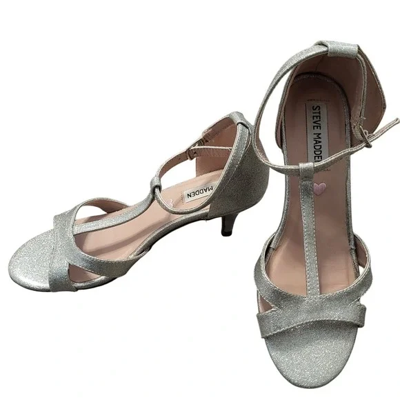 Steve Madden Girls Silver Glitter T-Strap Kitten Heel Dress Shoes Size 5 Big Kid