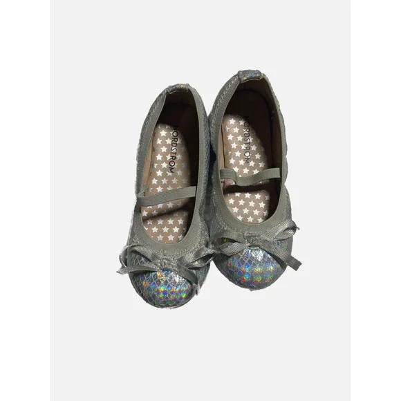 Nordstrom Ballet Flats Kids 10M Silver Holographic Bow Mary‎ Jane Sparkle Dress