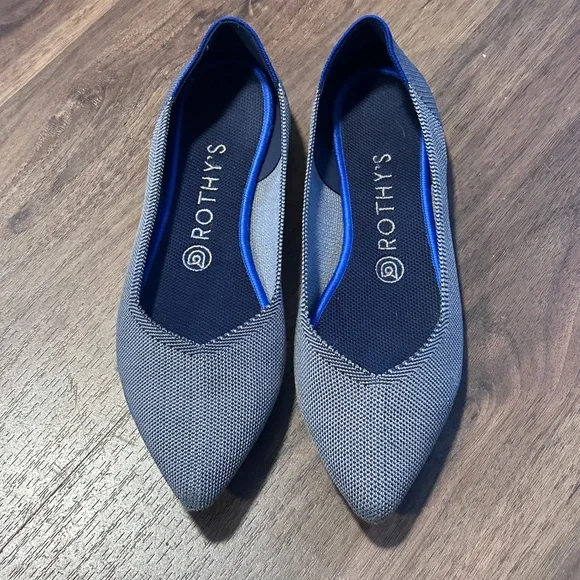 Rothy's Pointed Toe Flats in Gray with Blue Trim