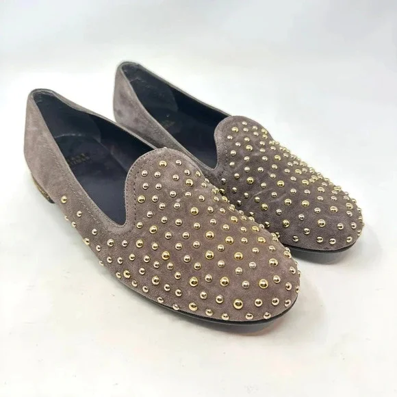 Stuart Weitzman Brown Tan Suede Gold‎ Studded Flat Loafers Size US 7.5