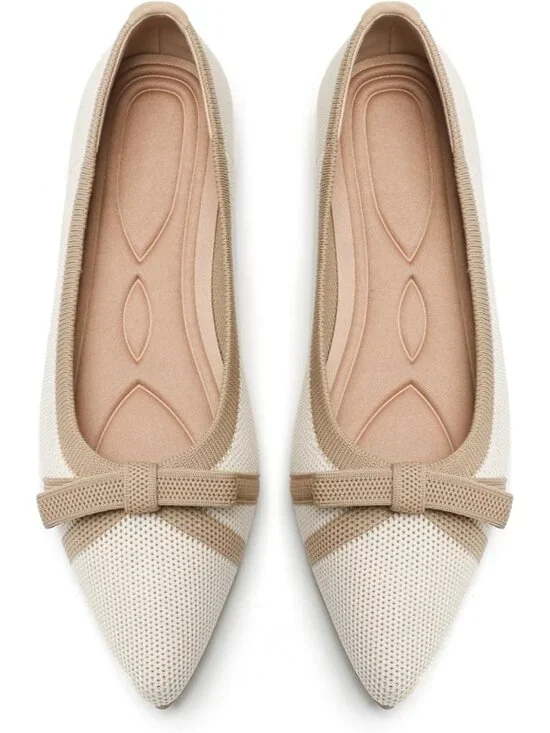 Women's Beige And Khaki Comfortable Pointed Toe Knit Foldable Ballet Flat Shoes